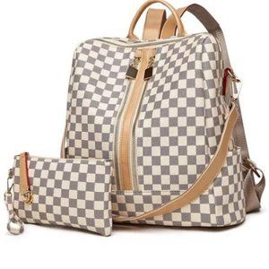 Cream Checkered Backpack with Wallet